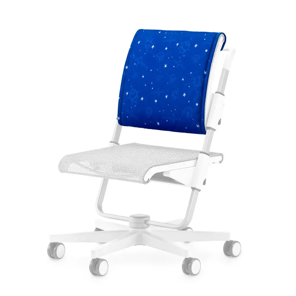 Moll Scooter Back Cushion on a white office chair, blue star-pattern back support with adjustable straps.