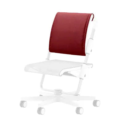 Moll Scooter Back Cushion mounted on a white chair, red backrest adds support, Moll brand.
