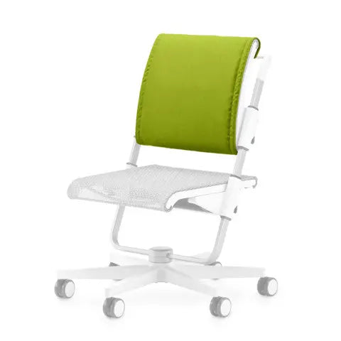 Moll Scooter Back Cushion lime green backrest attached to a white rolling chair with caster base