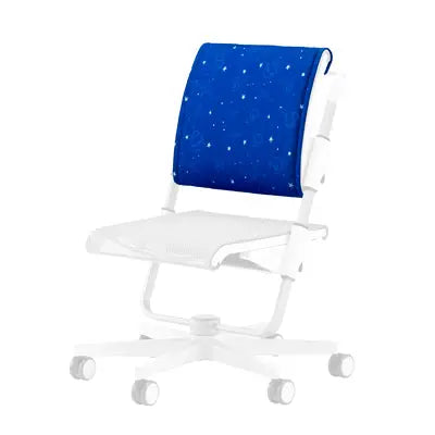 MOLL Scooter Back Cushion on a white office chair, blue star-pattern fabric providing back support.
