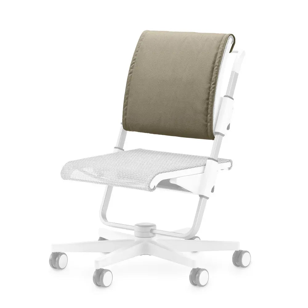 Moll Scooter Back Cushion on a white wheeled chair, taupe back support and mesh seat.