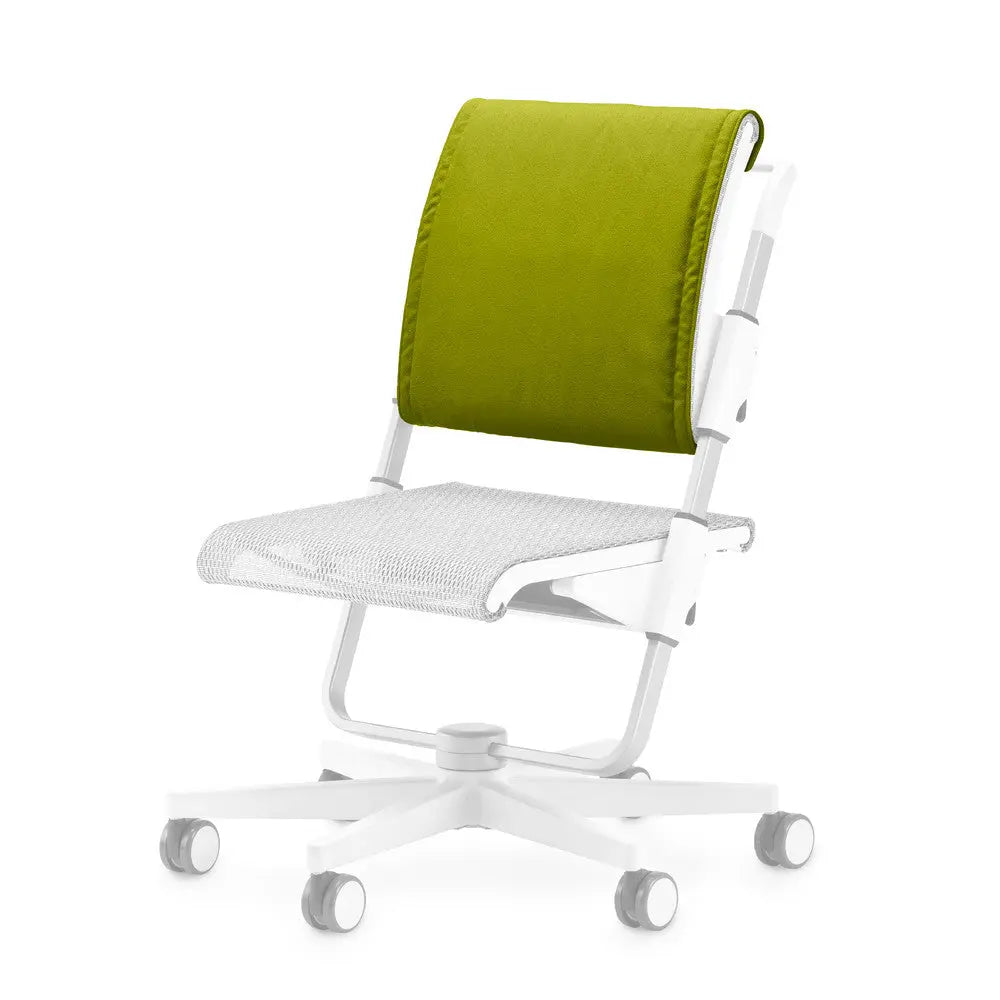 Moll Scooter Back Cushion on a white wheeled chair, green fabric attached with adjustable support strap.