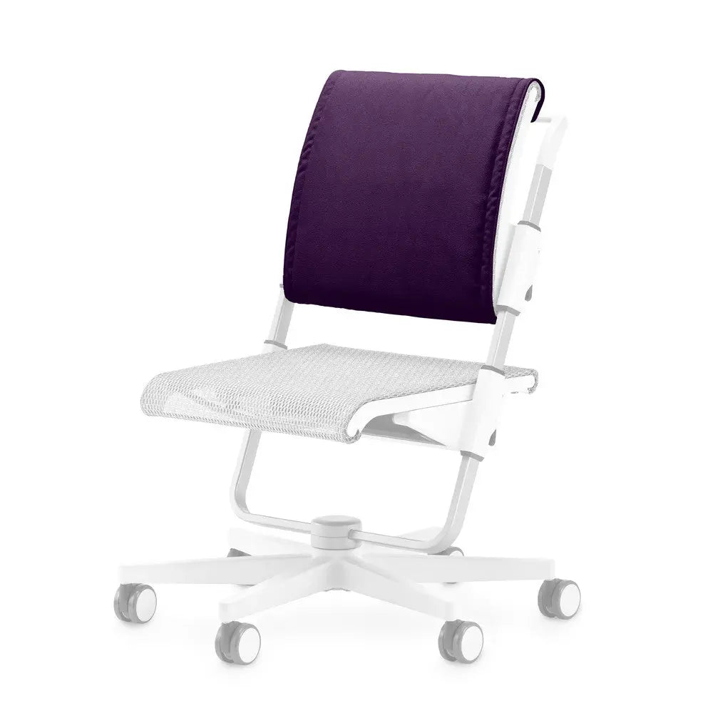 Moll Scooter Back Cushion on white wheeled chair with purple backrest and mesh seat.