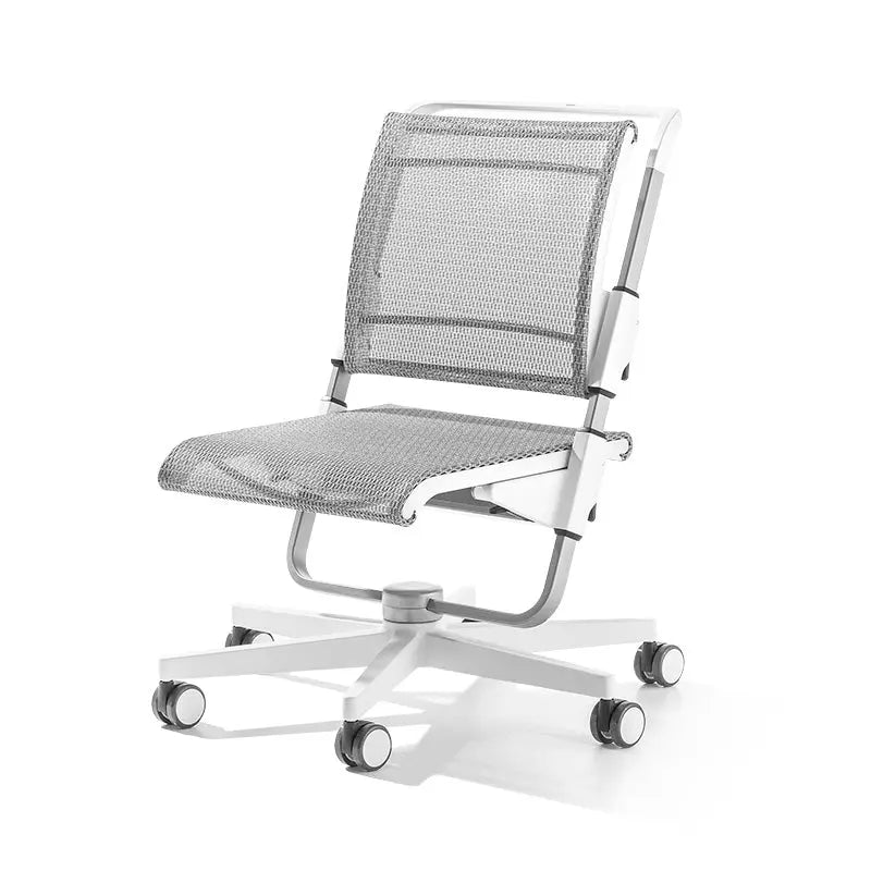 Moll Scooter Children Swivel Chair, gray mesh seat and backrest on a white five-wheel base.