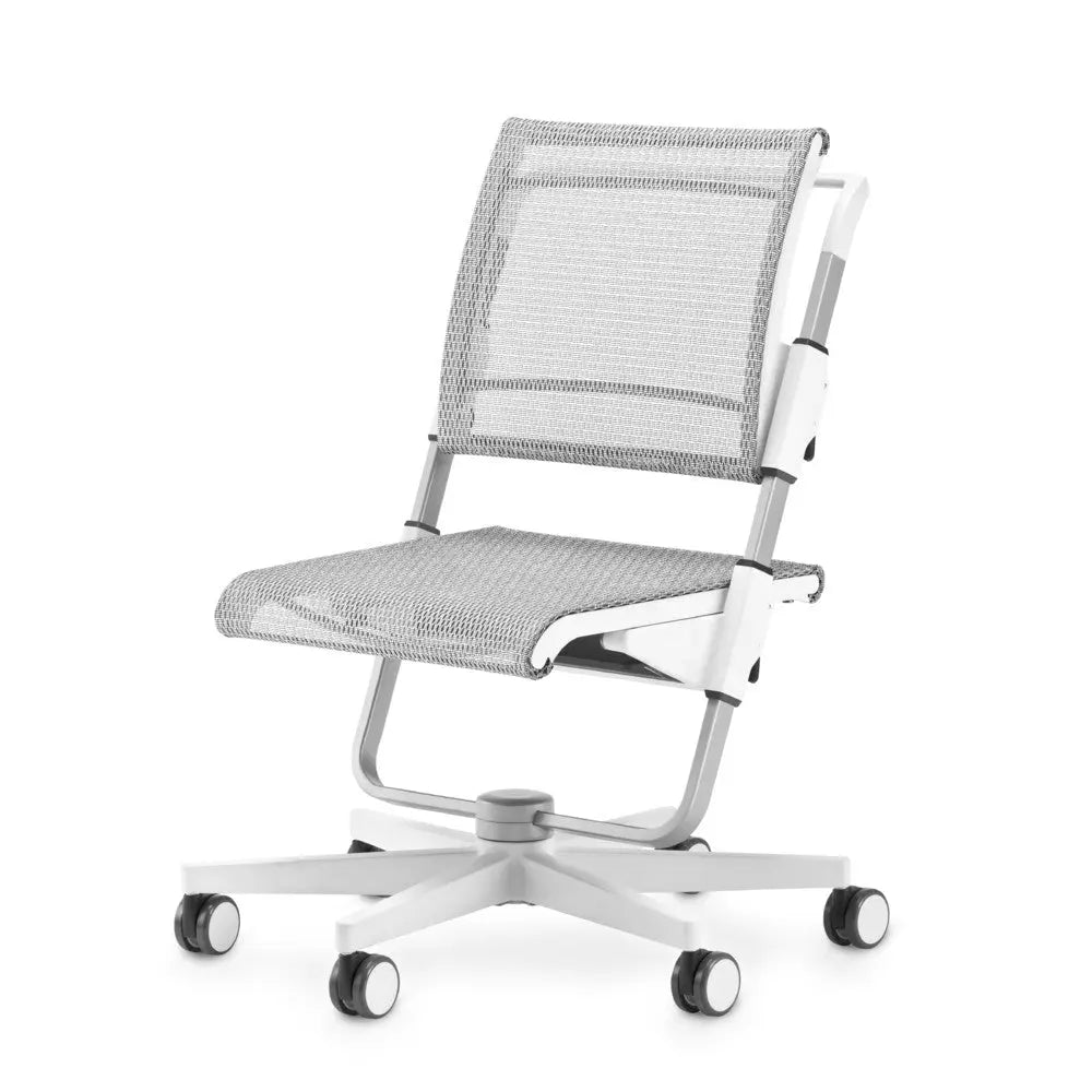 MOLL Scooter Children Swivel Chair in white frame with gray mesh seat and back, mounted on a five-wheel base.