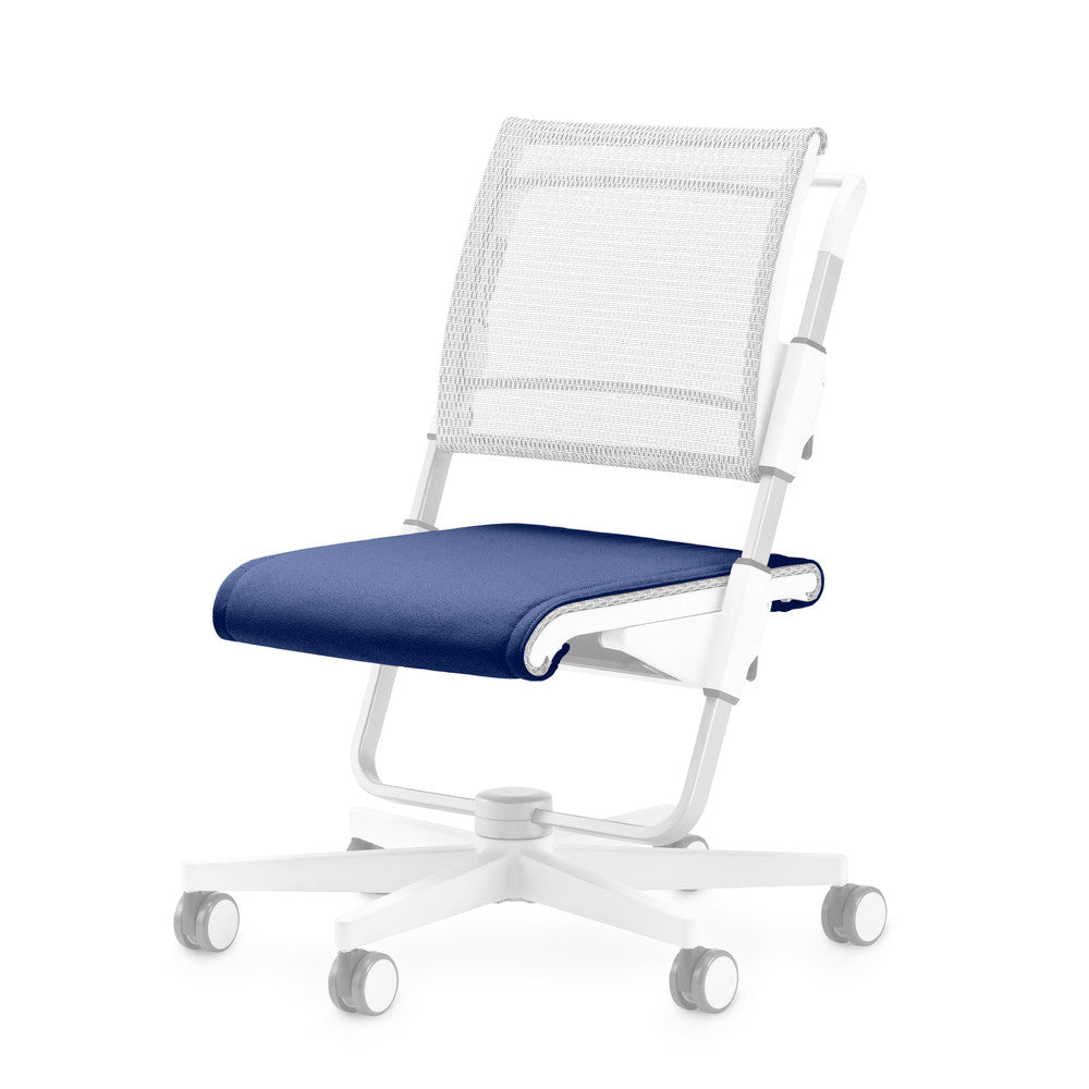MOLL scooter seat cushion chair with blue upholstered seat, white mesh back, white base and casters