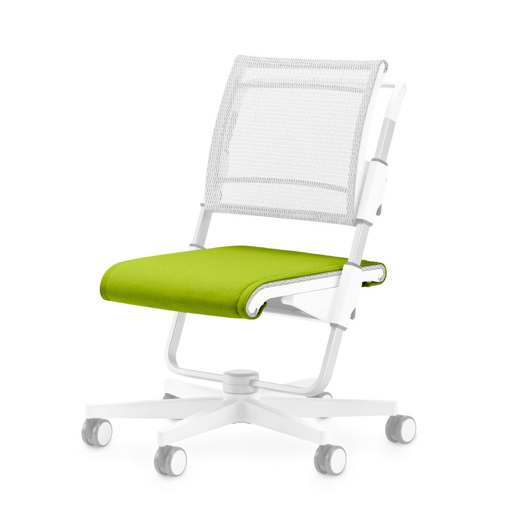 MOLL Scooter Seat Cushion on a white chair frame with lime green fabric cushion and mesh back