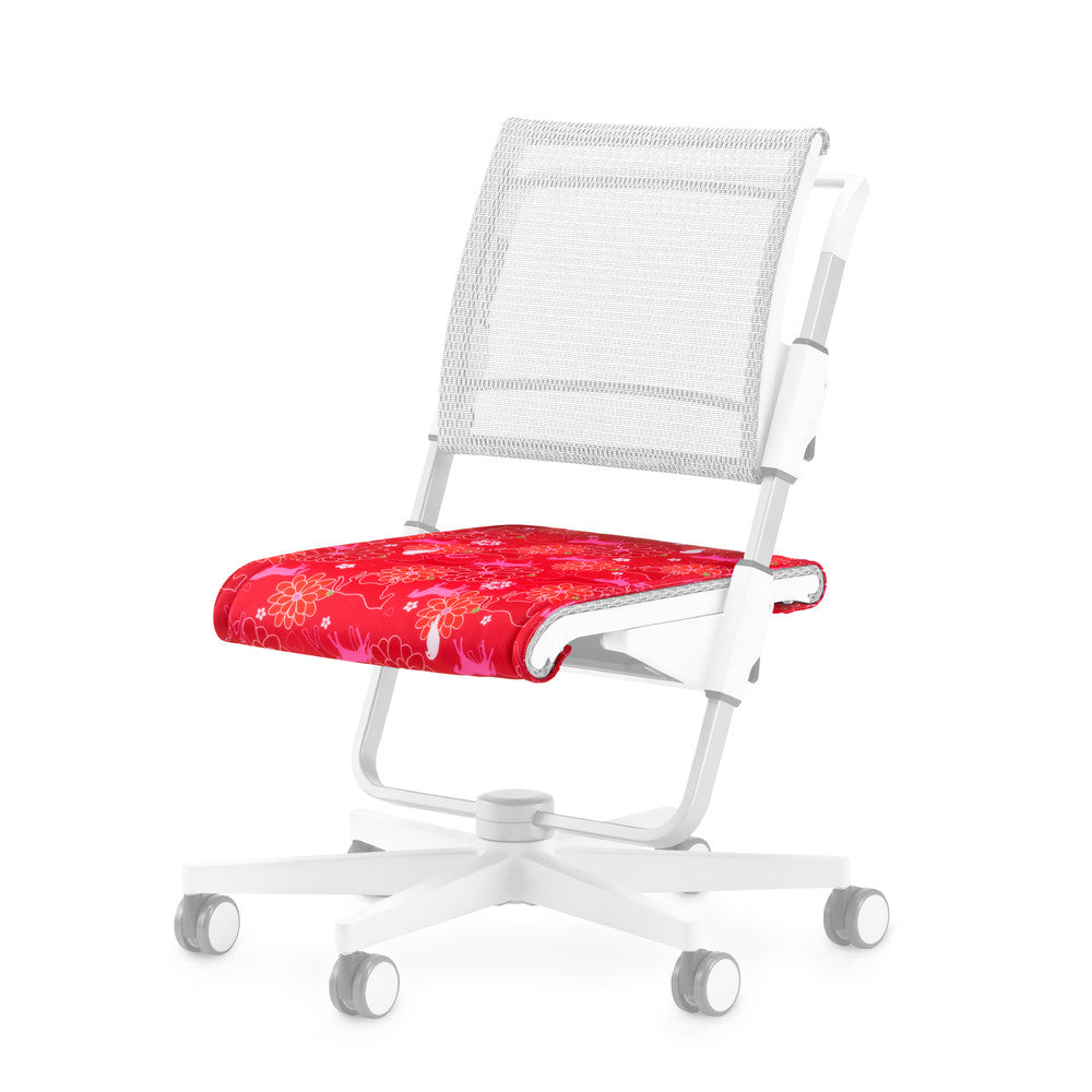 Moll Scooter Seat Cushion by MOLL; red floral cushion on a white chair with mesh back and caster base
