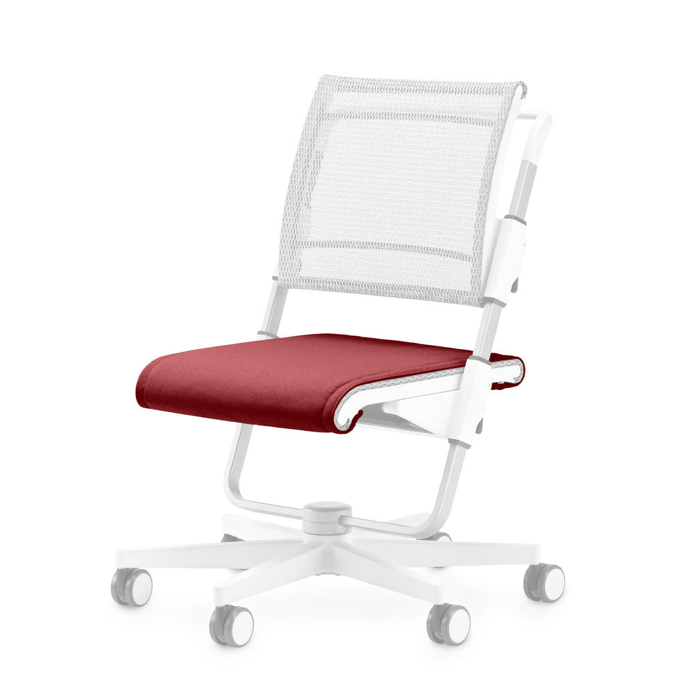 Moll Scooter Seat Cushion chair with red upholstered seat, white mesh back, and wheeled white frame.