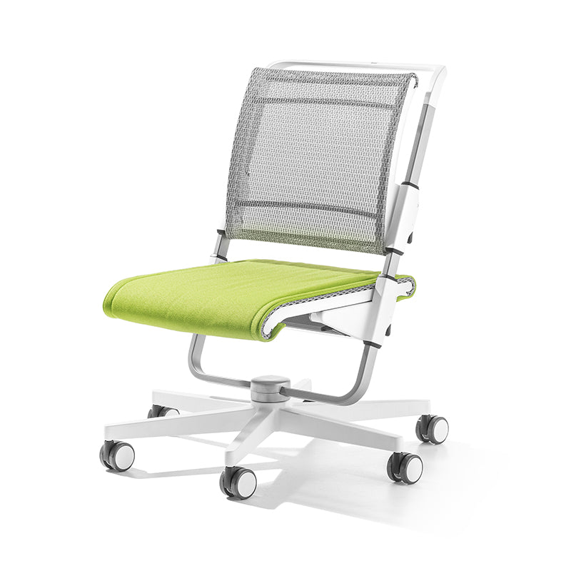 MOLL Scooter Seat Cushion chair with lime green seat pad and mesh back on white wheeled base