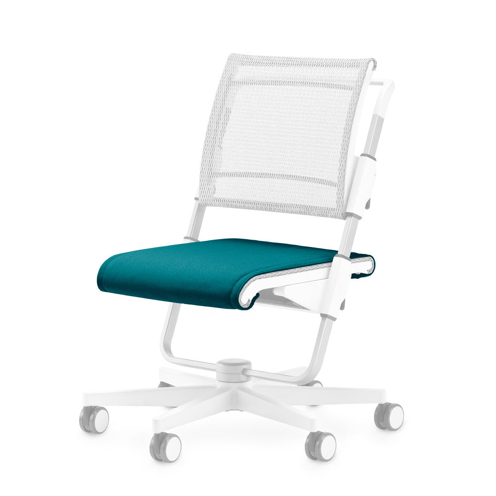 Moll scooter seat cushion chair with teal cushion and white wheeled base