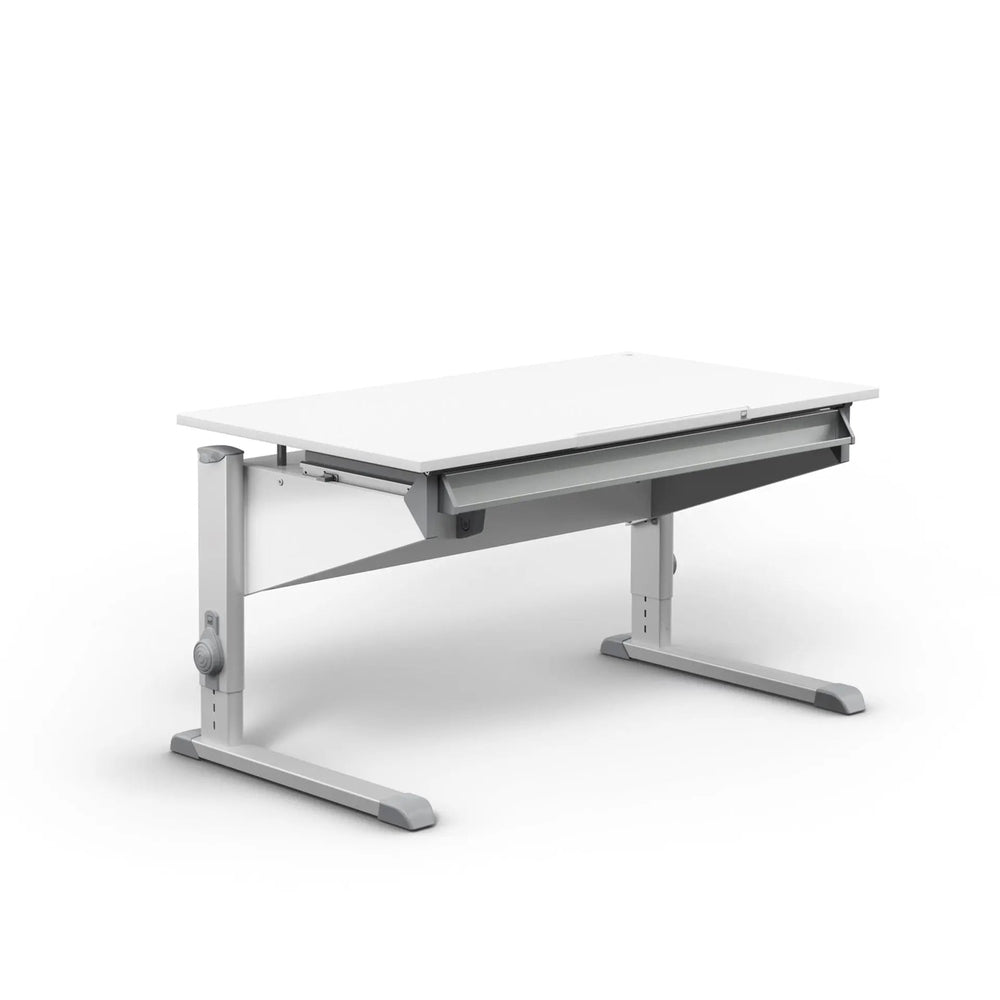 Moll Sprinter Height-Adjustable Desk, white top and silver frame, crank on side shows height adjustability.