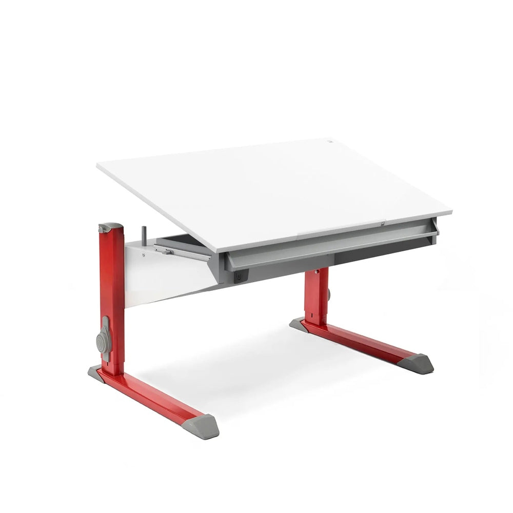 Moll Sprinter height-adjustable desk with white top and red frame, shown with crank height adjustment.