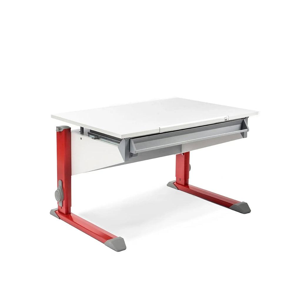 Moll Sprinter height-adjustable desk with white top and red legs, crank visible for height adjustment.