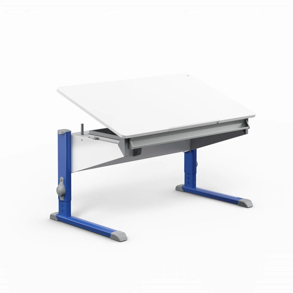 Moll Sprinter height-adjustable desk, white desktop and blue steel frame, crank shown as it adjusts height.