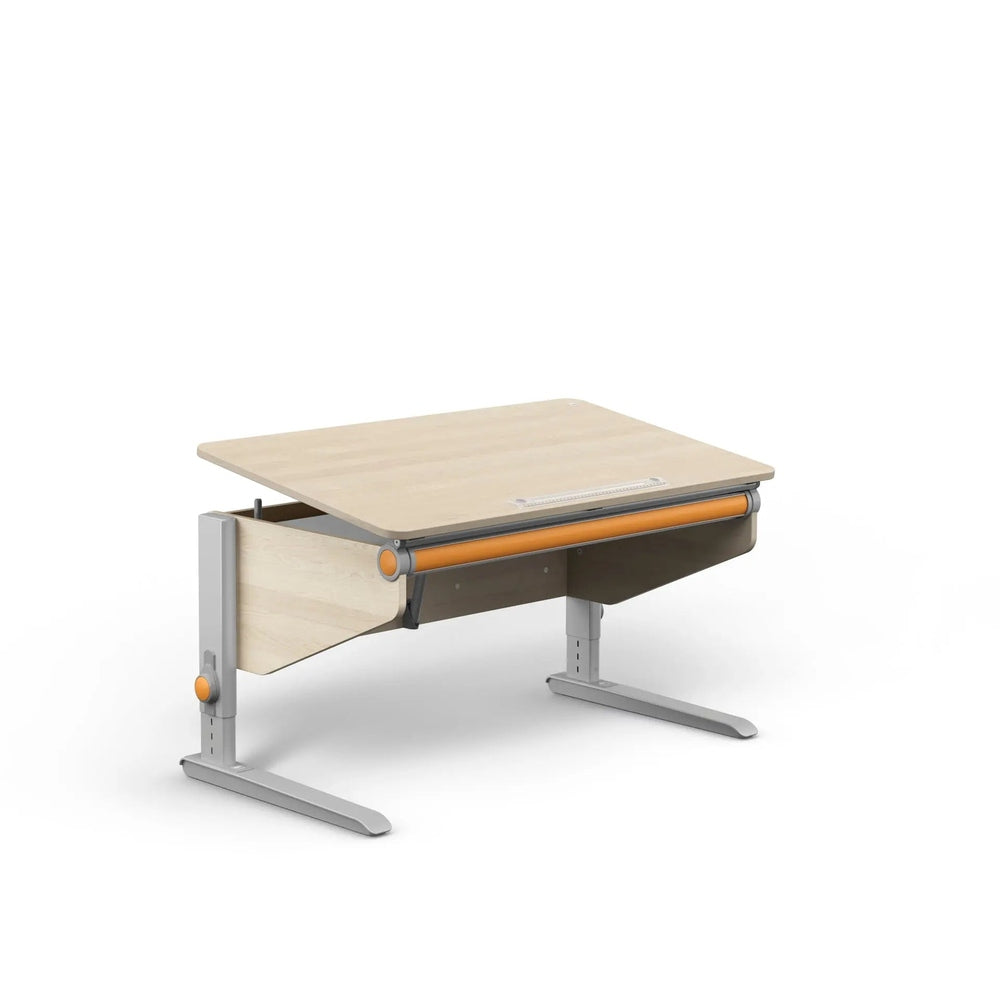 Moll Winner Classic Desk with light wood top, gray metal frame and orange accents, featuring adjustable-height legs.