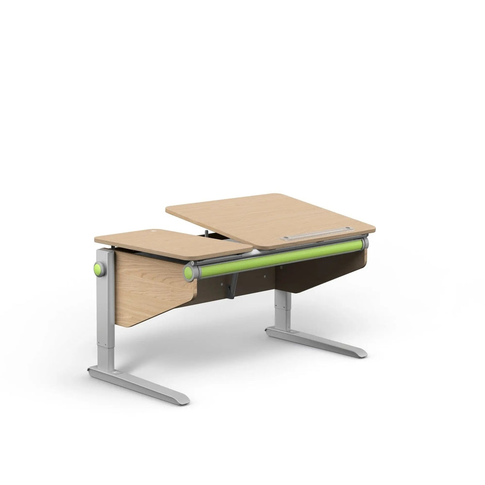Moll Winner Comfort Desk with wood top and lime-green accents, showing adjustable desktop and sturdy gray legs