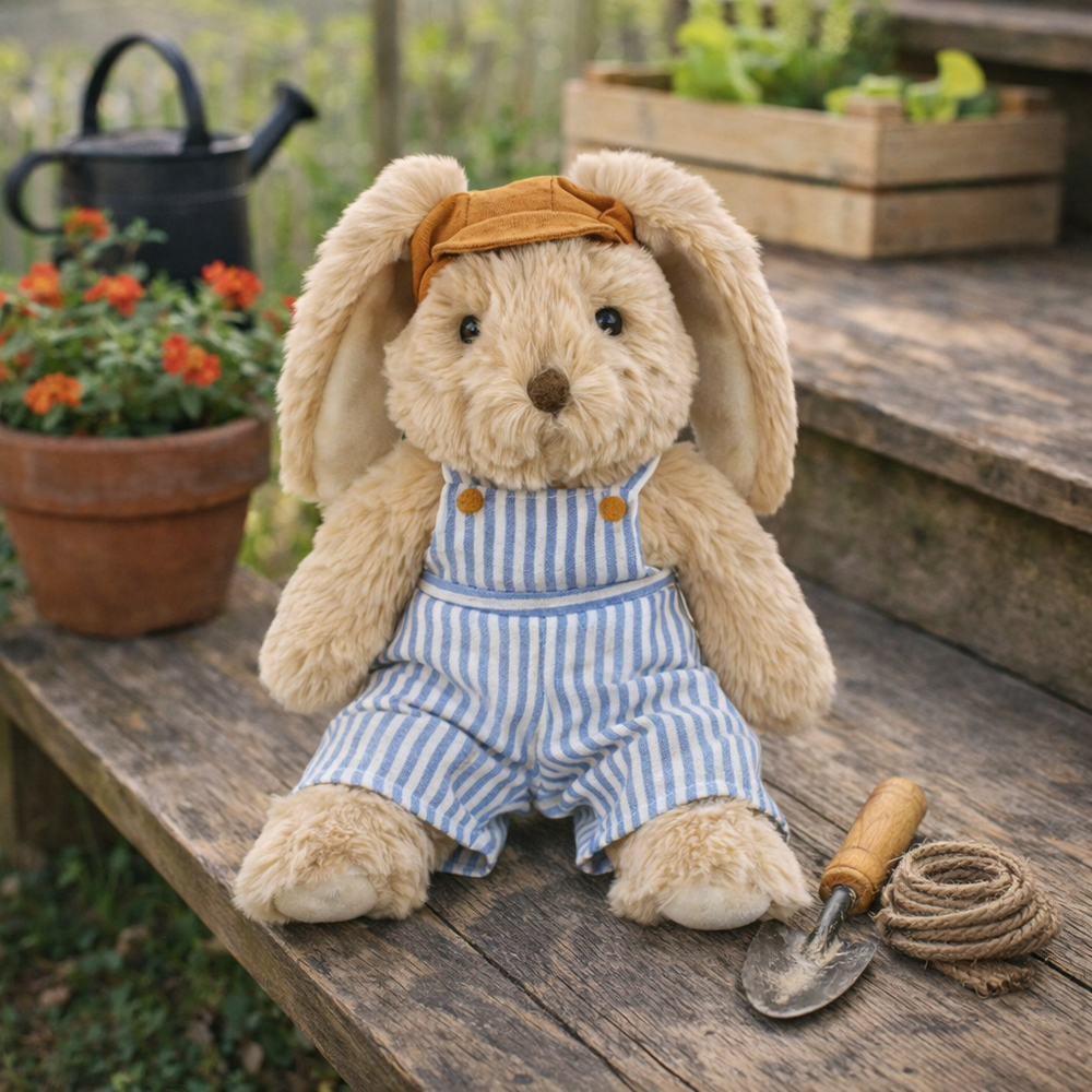 MON AMI Mon Ami Benjamin Bunny with blue striped overalls and rust bow headband img 2/2