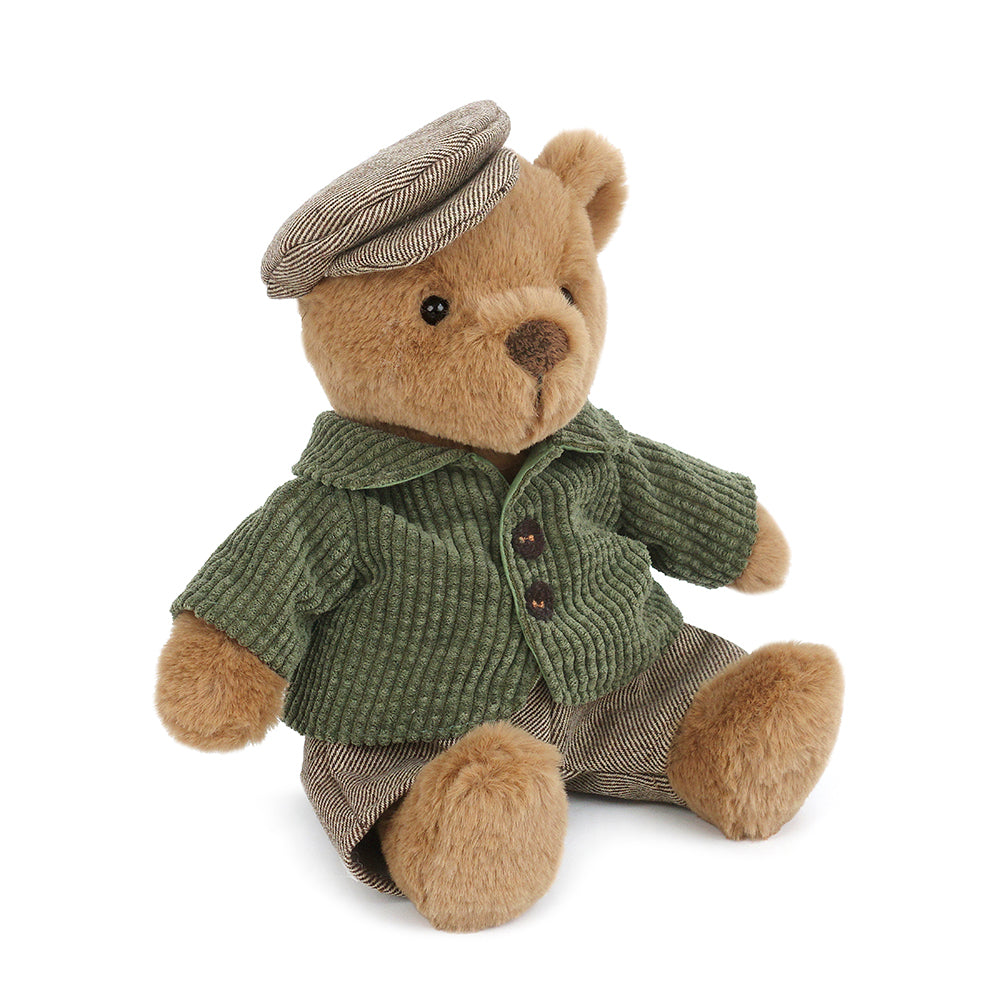 MON AMI Mon Ami Bernard Bear wearing green corduroy jacket with striped pants and flat cap img 1/5
