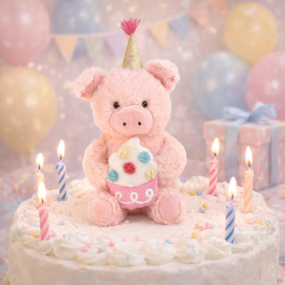 MON AMI Mon Ami Birthday Piggy wearing gold glitter party hat, holding felt cake decoration img 2/2