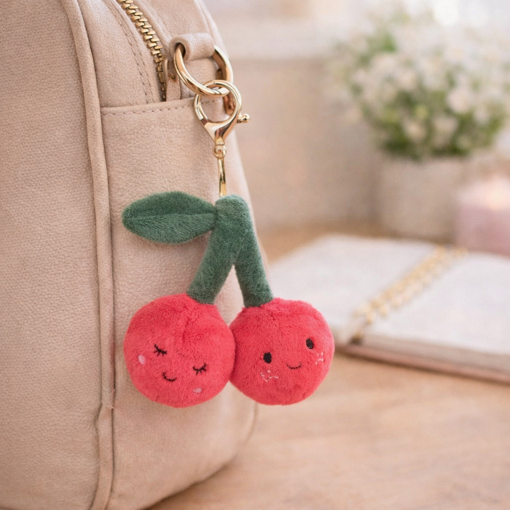 MON AMI Mon Ami Foodie Friends Cherry Bag Charm plush with embroidered winking faces and gold lobster clasp img 2/2