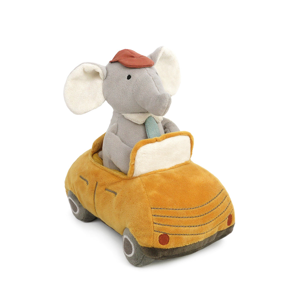 MON AMI Mon Ami Elephant And Car - Yellow plush elephant with beret holding ice cream in car with wheels img 1/2