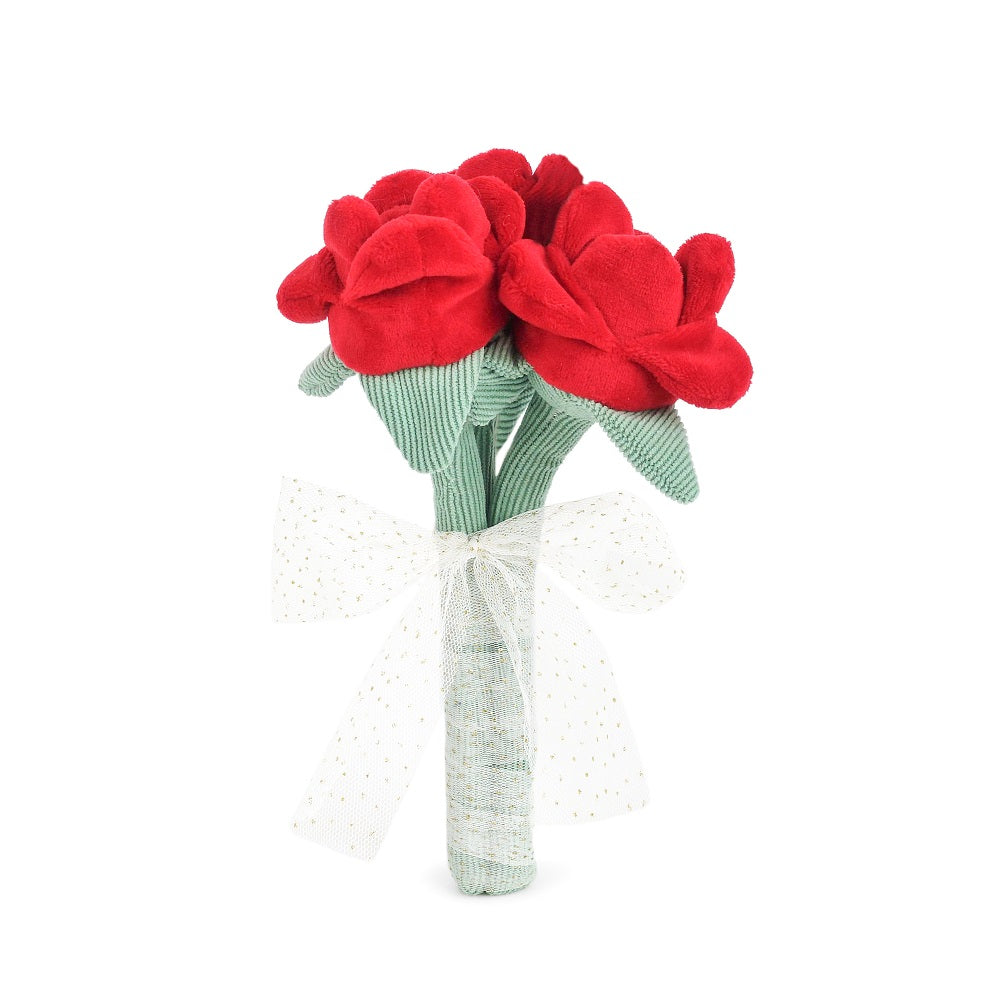 MON AMI Mon Ami Rose Bouquet - Red three plush roses with corduroy stems wrapped in sparkly mesh img 1/4