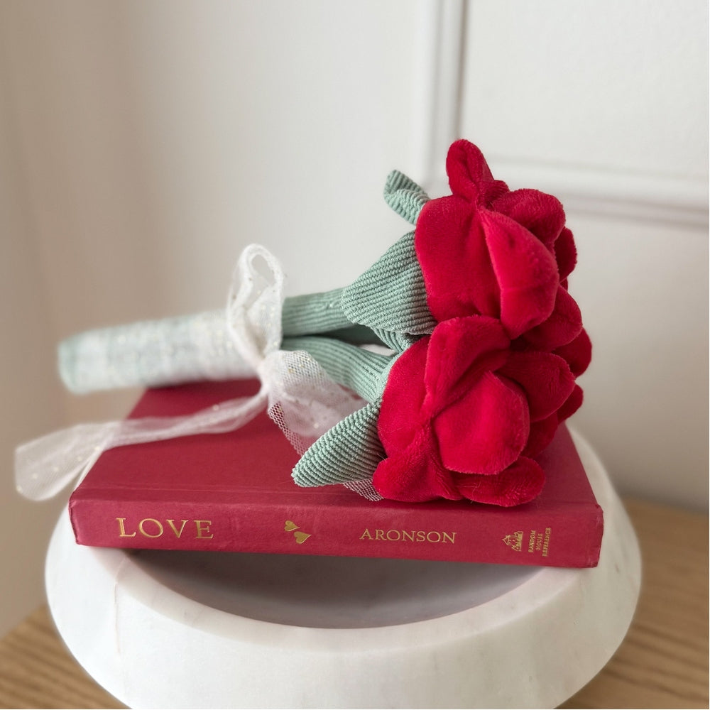 MON AMI Mon Ami Rose Bouquet - Red three fabric roses with grosgrain-wrapped stems and white bow img 2/4
