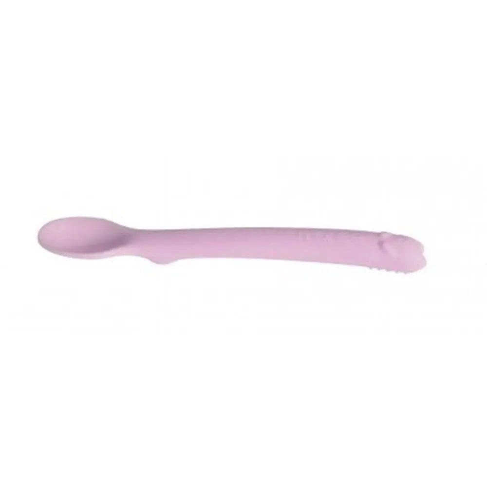 MONEE Baby Spoon Step 1 pink silicone feeding spoon for babies laid on white background