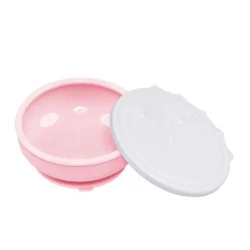 Monee Dinosaur Suction Bowl pink with white lid, suction base secures to surface during feeding.