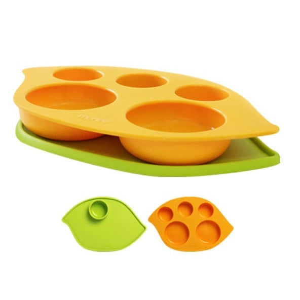 Monee Kids Food Plate Combo: yellow silicone divided plate with six cup wells, green tray and suction lid.