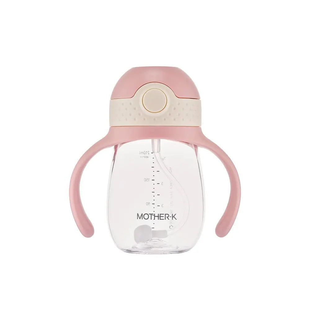 Mother-K Hug Weighted Straw Cup 210 ml in pink, shown with two side handles and measurement marks
