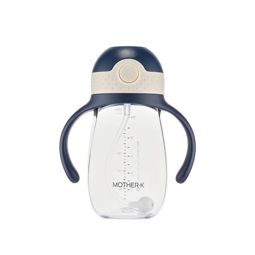 Mother-K Hug Weighted Straw Cup 300 ml with navy handles; clear body, child grips handles while sipping through the weighted straw.