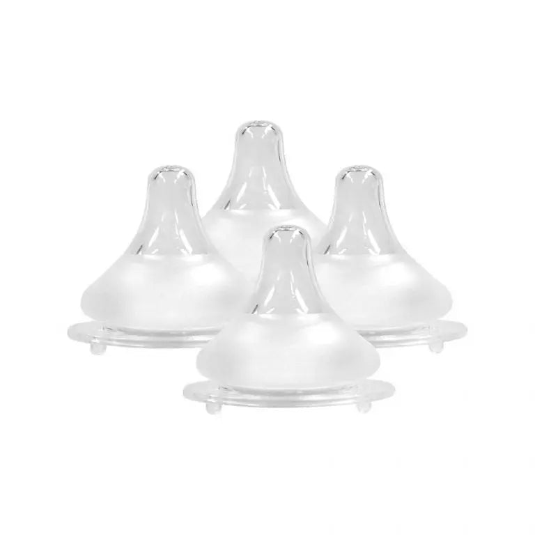 Mother K Nipple For Feeding Bottle 4-pack of clear silicone nipples for baby feeding.