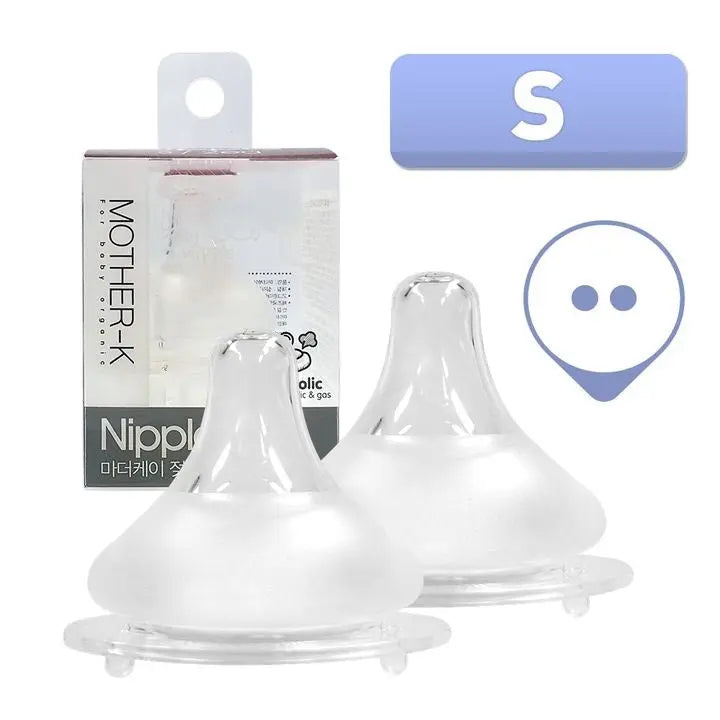 Mother-K Nipple For Feeding Bottle 2P, translucent silicone tips shown beside the box.