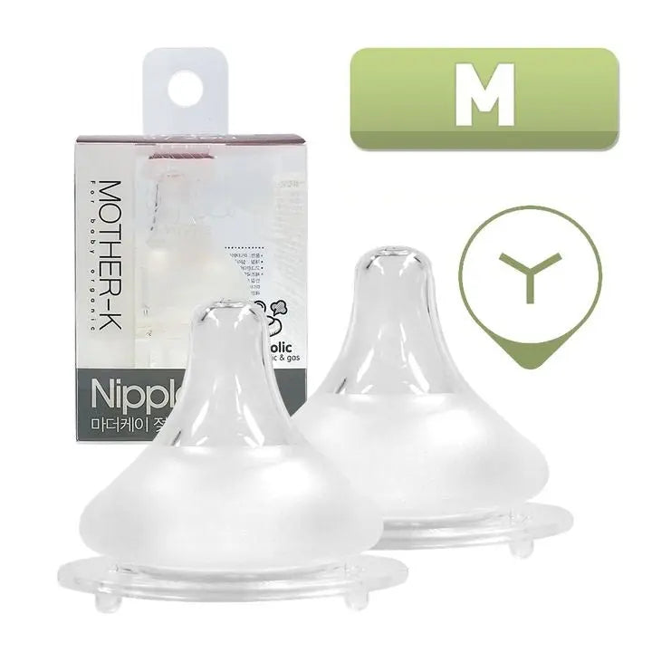 Mother-K Nipple For Feeding Bottle 2P; two clear silicone bottle nipples displayed beside the packaging with M logo.