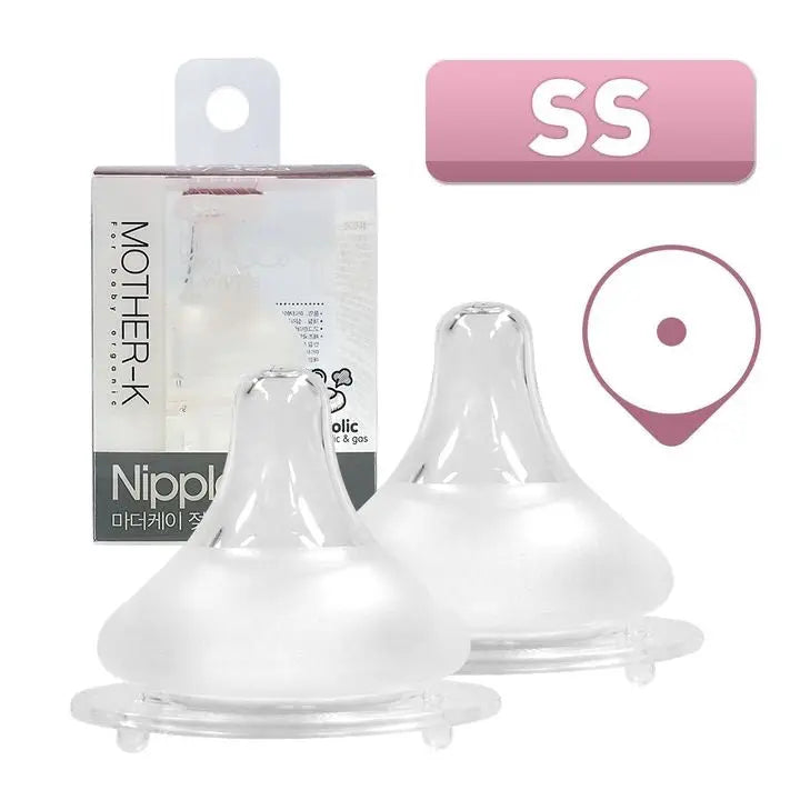 Mother-K Nipple For Feeding Bottle 2P, two clear silicone nipples pictured beside packaging for nursing bottles.