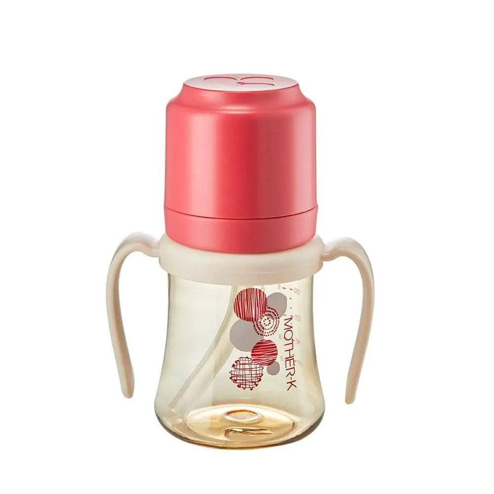 Mother K Ppsu Strawcup 200 ml with pink lid and beige handles, a ready-for-use baby sippy bottle.