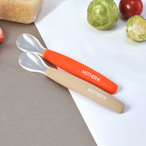 Mother-K silicone baby spoon set; two feeding spoons with orange and beige handles