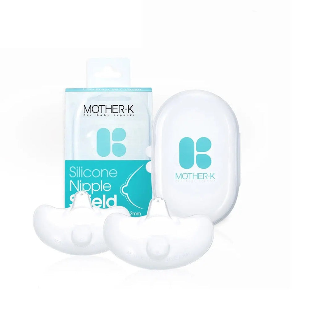 Mother-K Silicone Nipple Shield set with white storage case; two clear shields shown for breastfeeding.