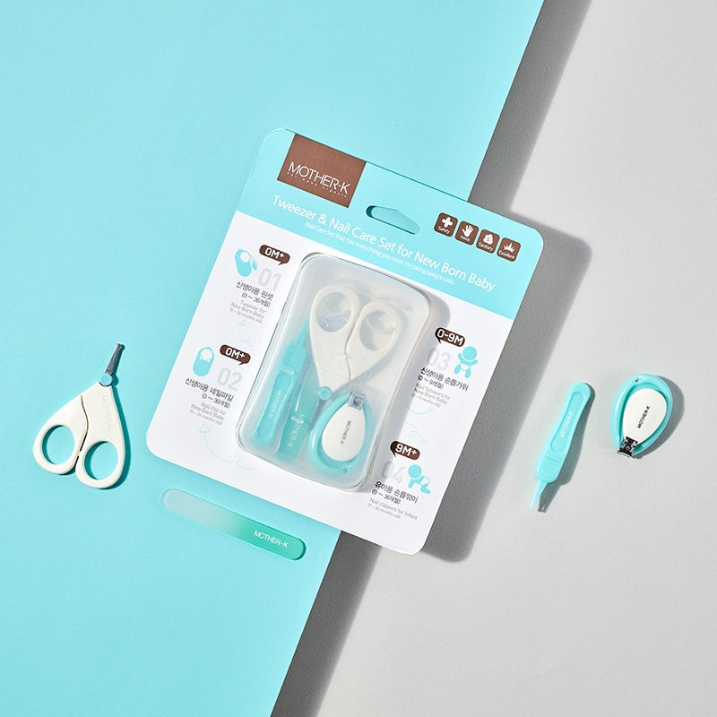 Mother-K tweezer & nail care set for newborns in turquoise; includes scissors, clippers (4 sets)