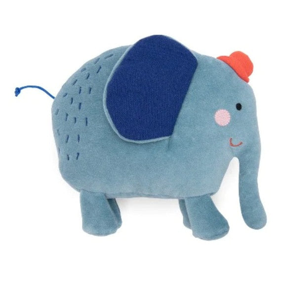 Moulin Roty Animals Soft Toy elephant plush; blue body, dark blue ears, pink cheeks, standing for cuddles.