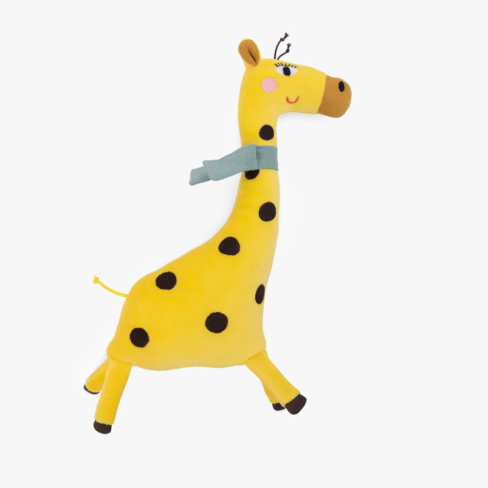 Moulin Roty Animals Soft Toy giraffe in yellow with black spots and a blue scarf, walking pose.