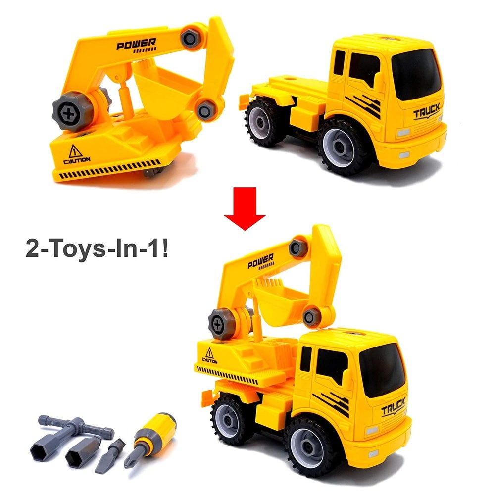 MUKIKIM Construct A Truck Excavator toy; yellow 2-in-1 construction truck with foldable excavator arm