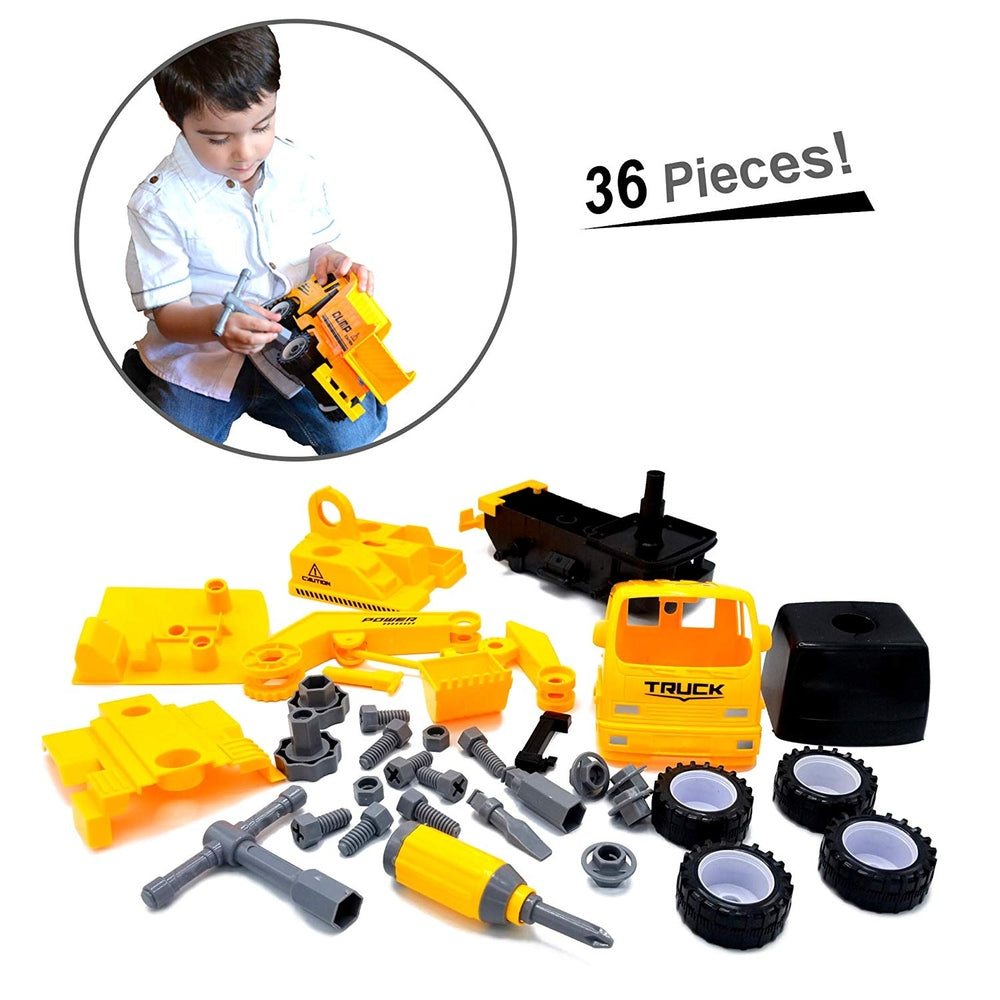 Mukikim Construct A Truck Excavator 36-piece yellow plastic construction set with wheels