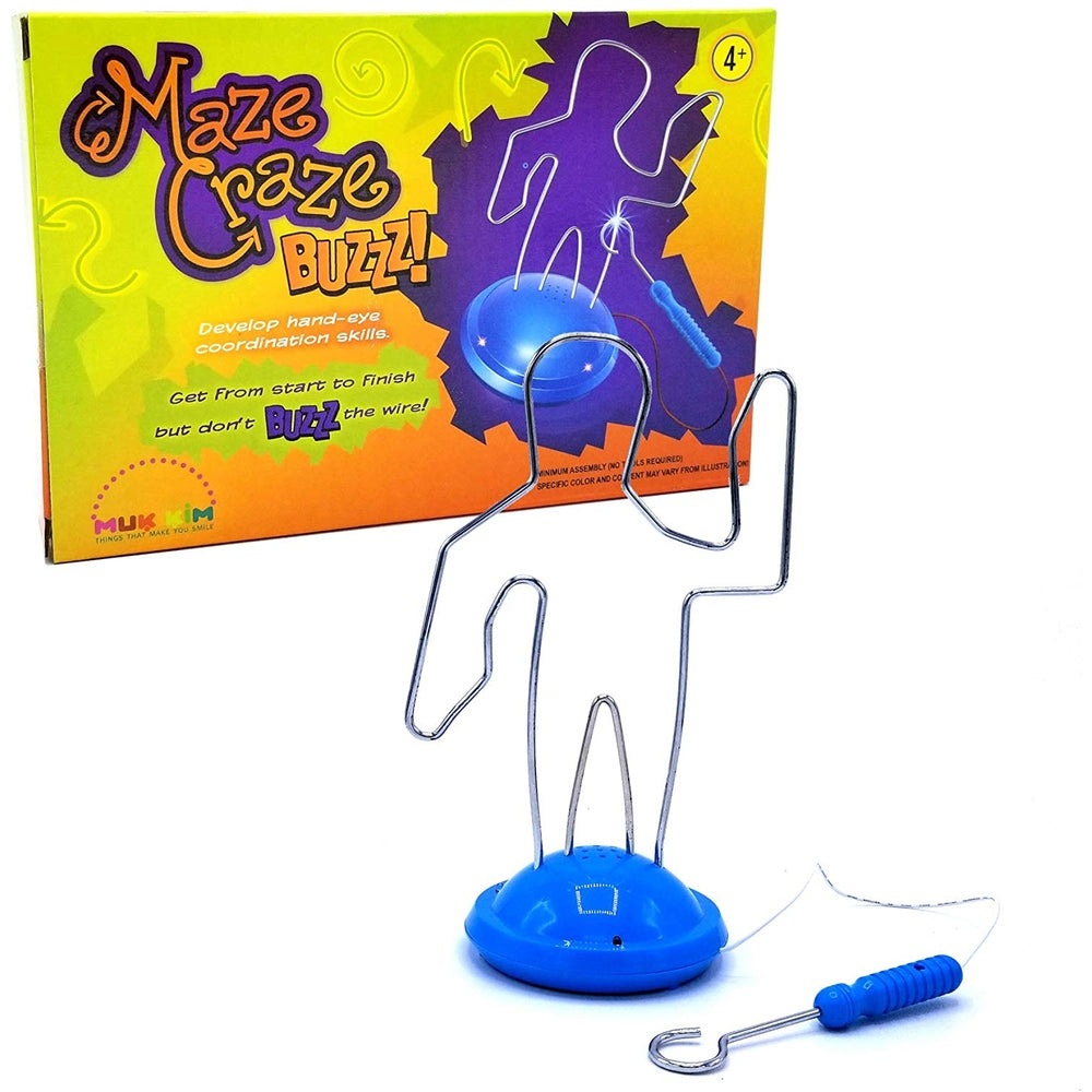 Maze Craze Buzzz wire maze puzzle game with blue base and metal wand by Mukikim