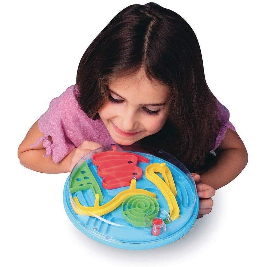 Mukikim Maze Craze Circle toy with colorful interlocking tracks on a blue circular base