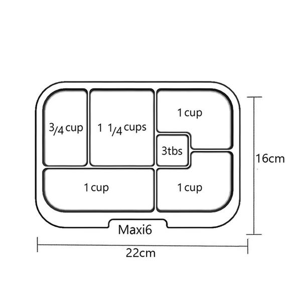Munchbox Maxi 6 artwork tray with six divided compartments; measures 22x16 cm