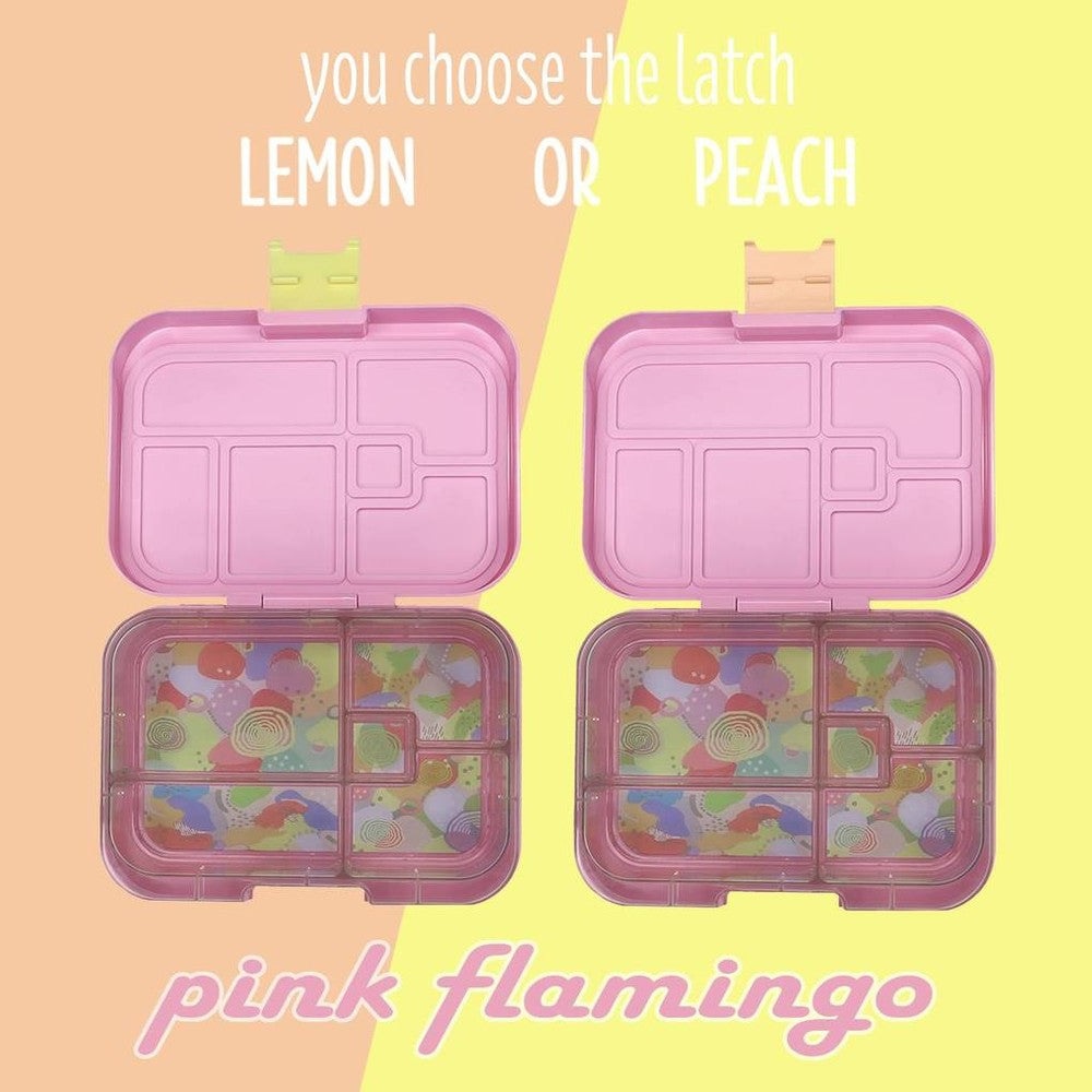 Munchbox Midi 5 Flamingo lunch box set, pink with colorful, sectioned interior; two units shown