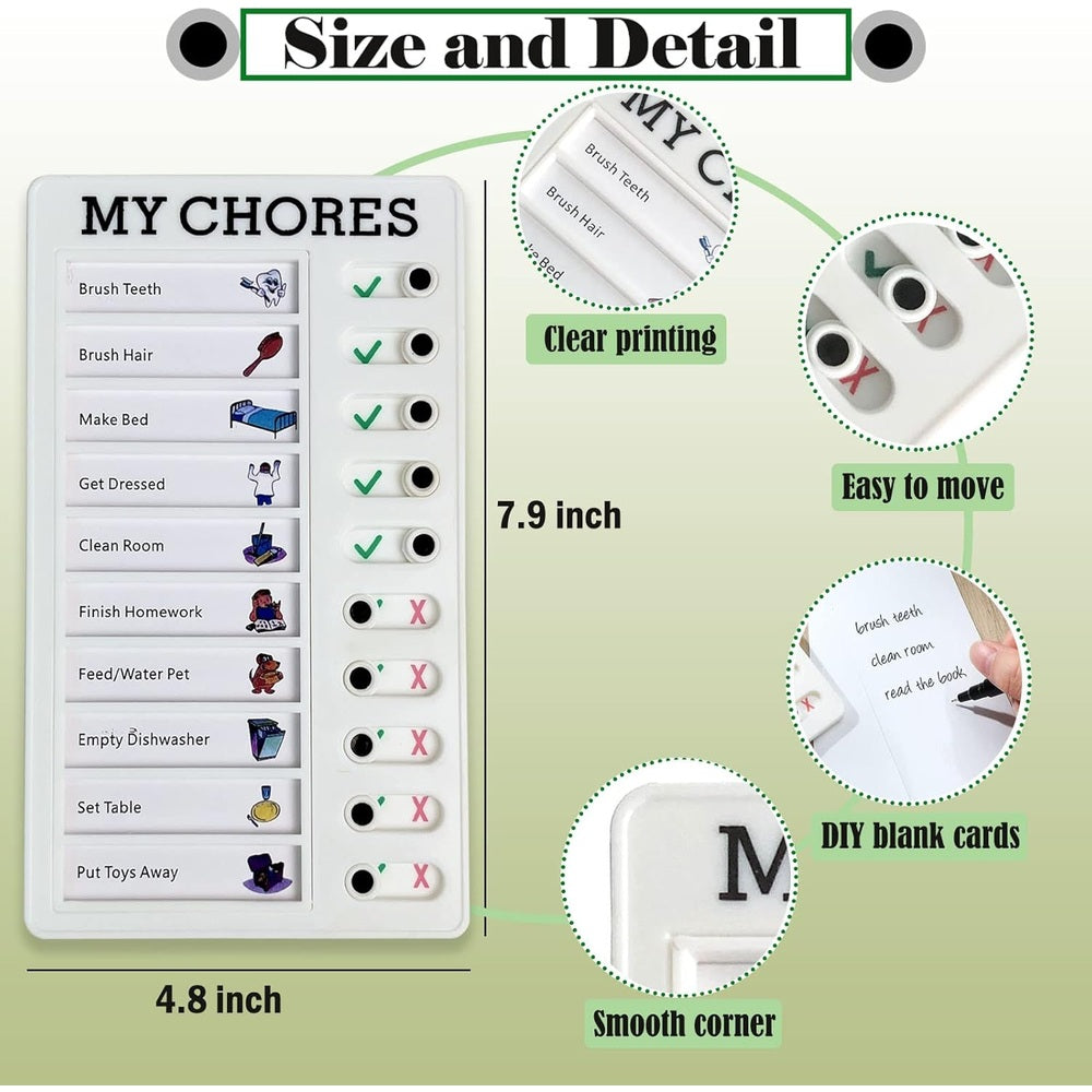 My Chores Daily Schedule Board set of 2, white magnetic chore board with labeled tasks and green checks; Baby Enroute